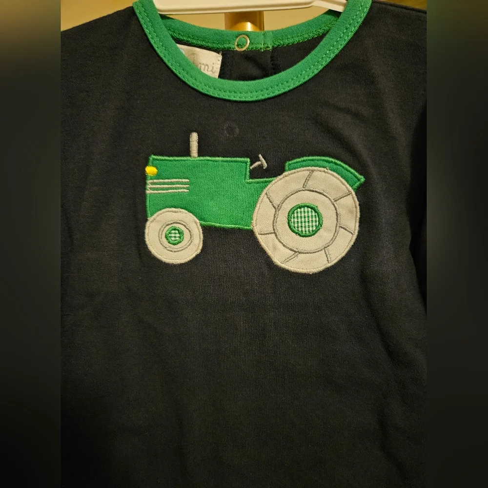 Petit Ami Navy and Green Tractor Applique Top & Pant Set